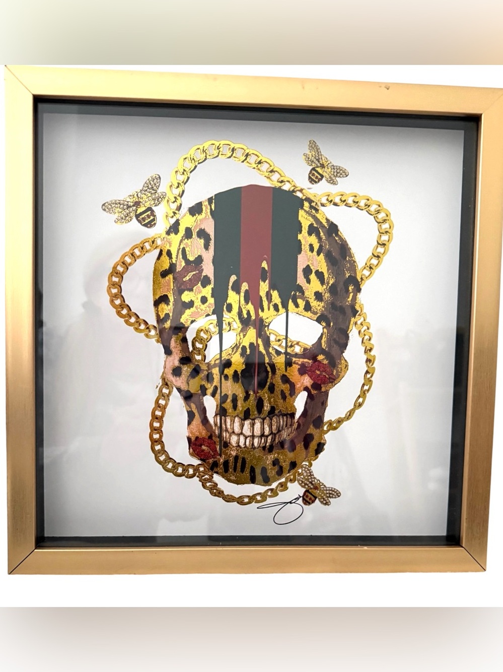 Leopard Skull Fashion Wall Art w/ Chain & Bee Accents - Gold, Red & Gree